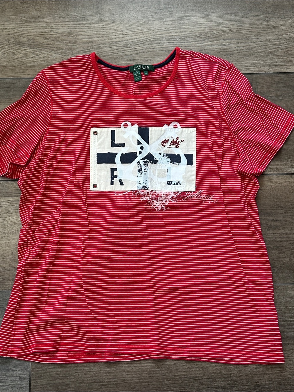 Ralph Lauren Red and White Striped Graphic Tee